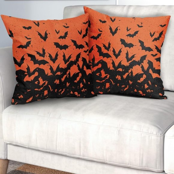 Set 2 Orange Black Bat Pillow Covers 18" Square Pillows Goth Gothic Bats New - Picture 1 of 6